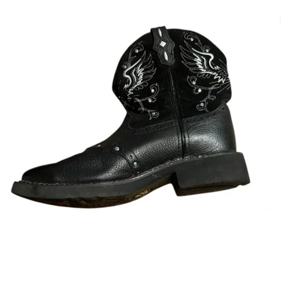 Justin Black Leather Western Boots With Embroidered Wing Design & Square Toe 8.5 - Picture 3 of 11